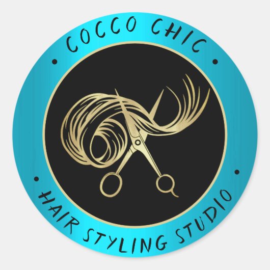 ハサミの髪のロゴ名ありがとう金ゴールドブルー ラウンドシール (正面)