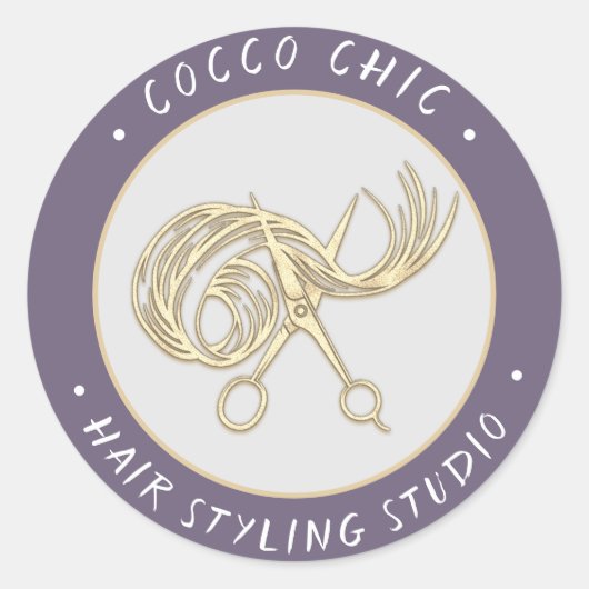 ハサミの髪のロゴ名ありがとう金ゴールドラベンダー ラウンドシール (正面)