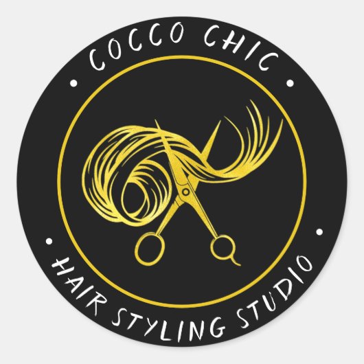 ハサミの髪のロゴ名ありがとう金ゴールド枠 ラウンドシール (正面)