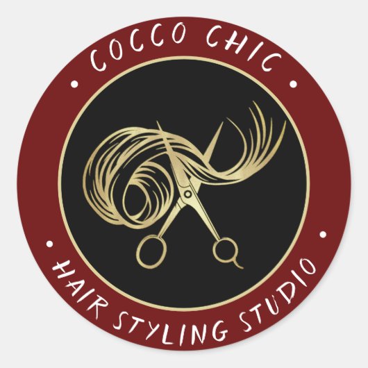 ハサミの髪のロゴ名ありがとう金ゴールドBurgundy ラウンドシール (正面)