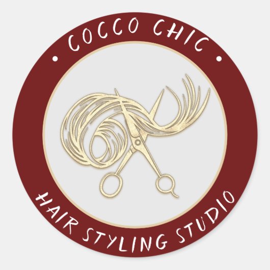 ハサミの髪のロゴ名ありがとう金ゴールドBurgundy ラウンドシール (正面)