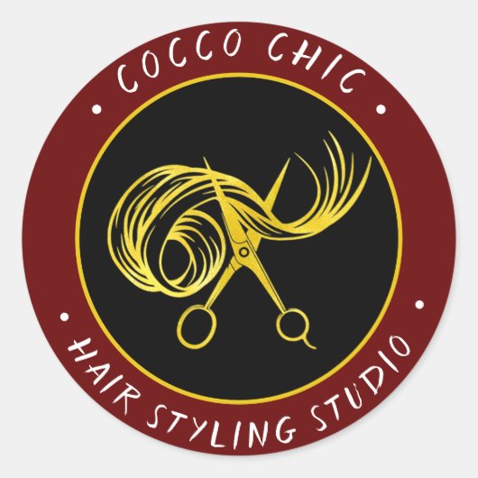 ハサミの髪のロゴ名ありがとう金ゴールドBurgundy ラウンドシール (正面)