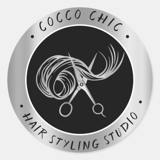 ハサミの髪のロゴ名サンキューシルバーグレー ラウンドシール (正面)