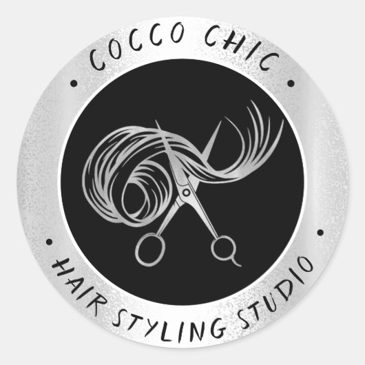 ハサミの髪のロゴ名サンキューシルバーグレー ラウンドシール (正面)