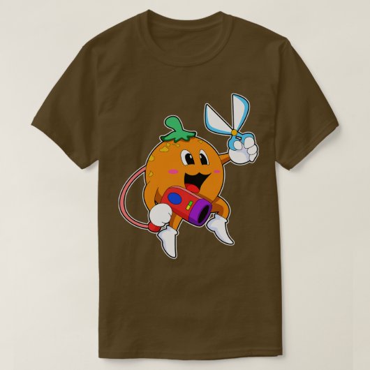 ハサミ付きヘアドライヤーと美容師としてのオレンジ Tシャツ (デザイン正面)