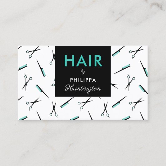 ハサミ&コーム – ターコイズブラック美容師 名刺 (正面)