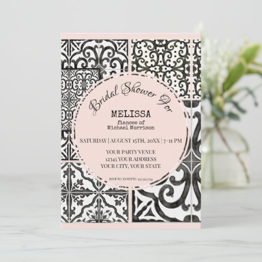 ハシエンダタイルブラック赤面モダンブライダルシャワー 招待状 (スタンド正面)