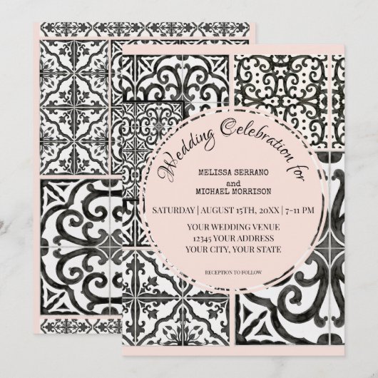ハシエンダ タイル ブラック ホワイト ブラッシュ モダン ウェディング 招待状 (正面/裏面)