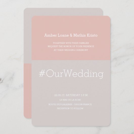 ハシュタッモダンク薄紫グレー赤面コーラル結婚ズ 招待状 (正面/裏面)