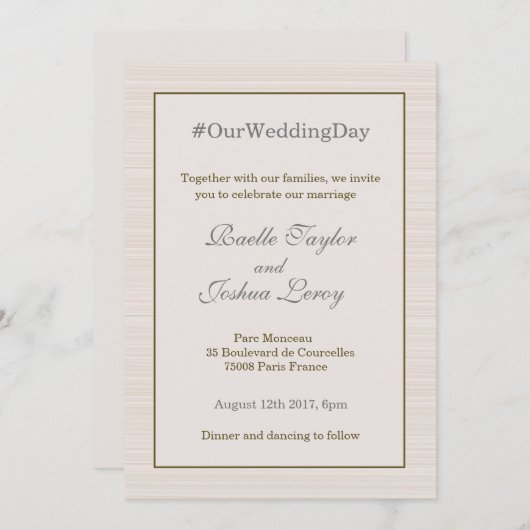 ハシュタパーソナライズされたグ金ゴールドグストライプレイ結婚 招待状 (正面/裏面)