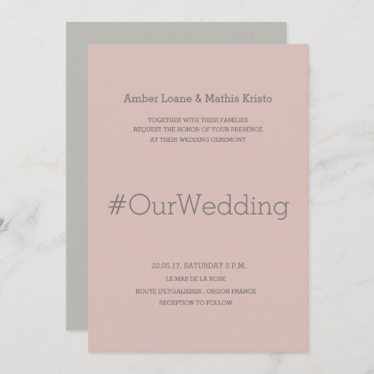 ハシュタモダングエレガント赤面ピンク結婚グレイ 招待状 (正面/裏面)