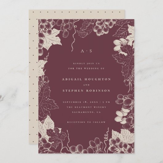 ハシンプルンド·ヴィネヤー描ド·バーガンディ·クリー結婚ムズ 招待状 (正面/裏面)