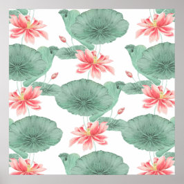 ハスのシームレスなパターン植物背景 ポスター