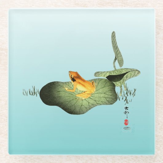 ハスの上の黄色いカエル ガラスコースター (正面)