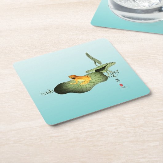 ハスの上の黄色いカエル スクエアペーパーコースター (アングル)