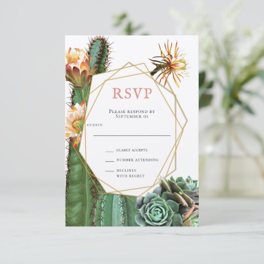 ハスの実と緑の花の結婚式出欠確認 招待状 (スタンド正面)