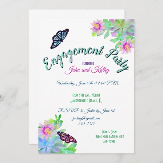 ハスの実の庭でのエンゲージメントパーティーの蝶 招待状 (正面/裏面)