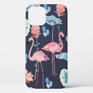 ハスの花とプロに囲まれたピンクのフラミンゴ iPhone 12ケース