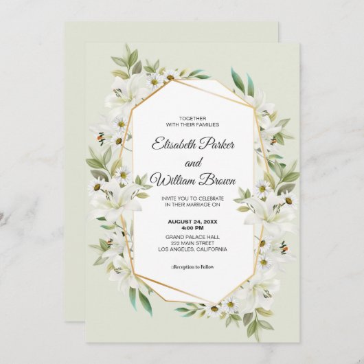 ハスの花と白いユリのウェディング招待状 招待状 (正面/裏面)