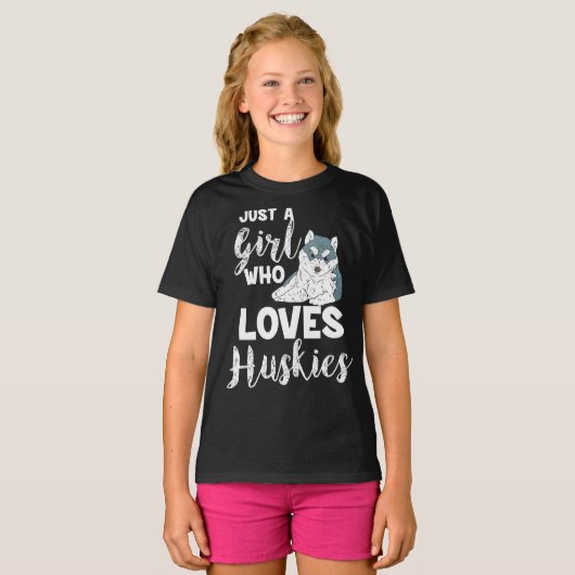 ハスキシベリアのハスキー犬の恋人を愛する少女 Tシャツ (正面フル)