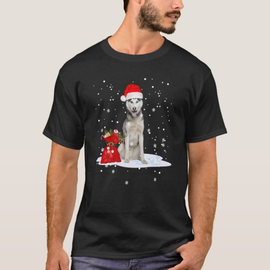 ハスキーおもしろいクリスマスサンタハット動物の子供たち Tシャツ (正面)