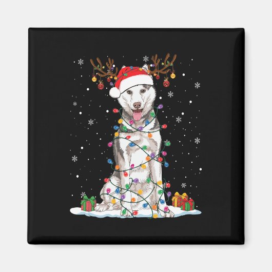 ハスキーおもしろいドッグツリークリスマスライトクリスマスパジャマ マグネット (正面)