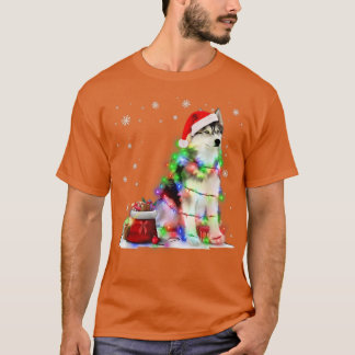 ハスキーおもしろいドッグツリークリスマスライトクリスマスパジャマ Tシャツ