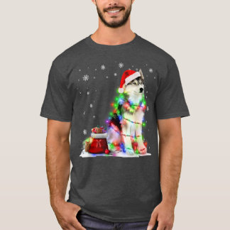 ハスキーおもしろいドッグツリークリスマスライトクリスマスパジャマ Tシャツ