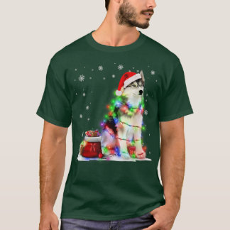 ハスキーおもしろいドッグツリークリスマスライトクリスマスパジャマ Tシャツ