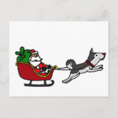 ハスキーおもしろい犬の引っ張り付きクリスマスそり シーズンポストカード (正面)