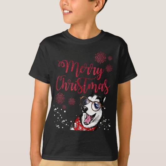 ハスキーおもしろい犬の醜いクリスマスメリークリスマス Tシャツ (正面)
