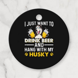 ハスキーつるのTシャツギフトのドッグビーでビールを飲む フェイバータグ