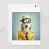 ハスキーで黄色のスーツ、帽子、サングラス ポストカード (正面/裏面)