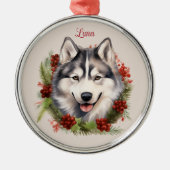 ハスキーなクリスマスペット記念犬種 メタルオーナメント (正面)