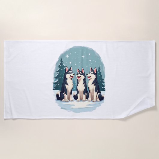 ハスキーなクリスマス合唱犬 ビーチタオル (正面)