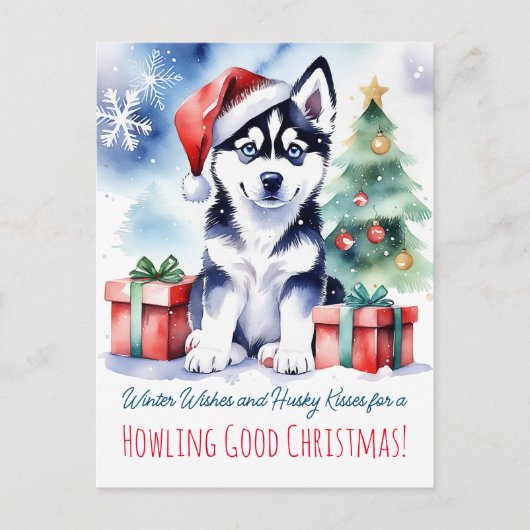 ハスキーな子犬のクリスマスの挨拶の犬の人々 ポストカード (正面)