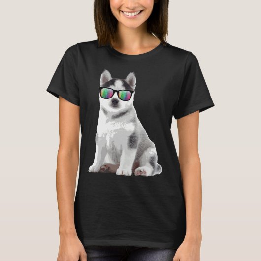 ハスキーな子犬サングラス犬の動物 Tシャツ (正面)