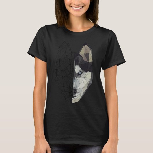 ハスキーのオオカミ犬の子犬の動物の低ポリジオメトリック Tシャツ (正面)