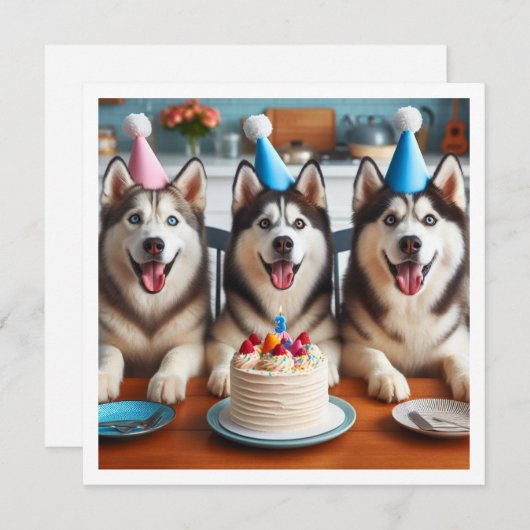 ハスキーのカード、ハスキーの写真カード、ハスキー犬の誕生日 招待状 (正面/裏面)
