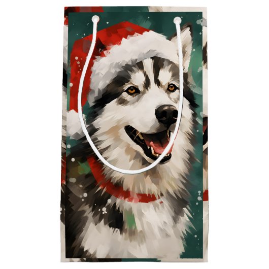 ハスキーのクリスマスブ絵画ラシのアートワーク スモールペーパーバッグ (正面)