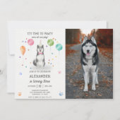 ハスキーのシビールドッグパウィティ子犬誕生日ピンク写真 招待状 (正面)