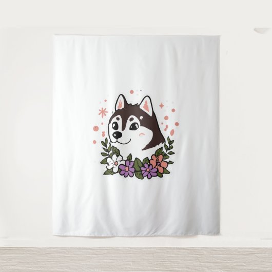 ハスキーの花ドッグラバーマラミート タペストリー (正面)