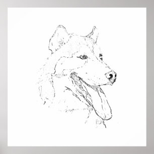 ハスキーインクウォールアート - ミニマリスト犬の線画 ポスター