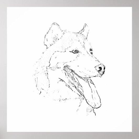 ハスキーインクウォールアート - ミニマリスト犬の線画 ポスター (正面)