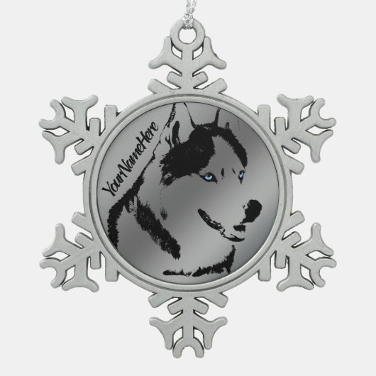 ハスキーオーナメントシベリアハスキーホリデーデコレーション スノーフレークピューターオーナメント (正面)