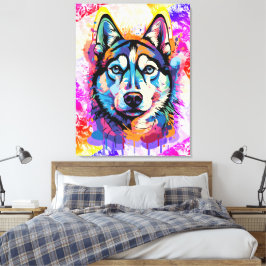 ハスキーカラフルヘッド絵を描- Husky Dog キャンバスプリント