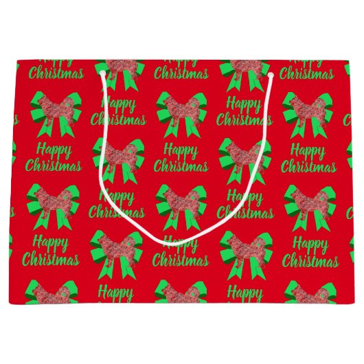 ハスキーシベリアのクリスマスドッグ&グリーンボウ ラージペーパーバッグ (正面)