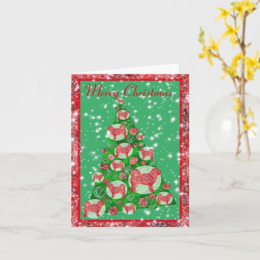 ハスキーシベリア犬かわいいシルエットクリスマスツリー カード (黄色い花)