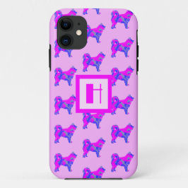 ハスキーシベリア犬の愛人ピンク&ブルーモノグラム iPhone 11 ケース