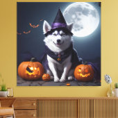 ハスキードッグハロウィーンアドベンチャームーンライト魔法 不気味 キャンバスプリント (インサイチュ (リビング))